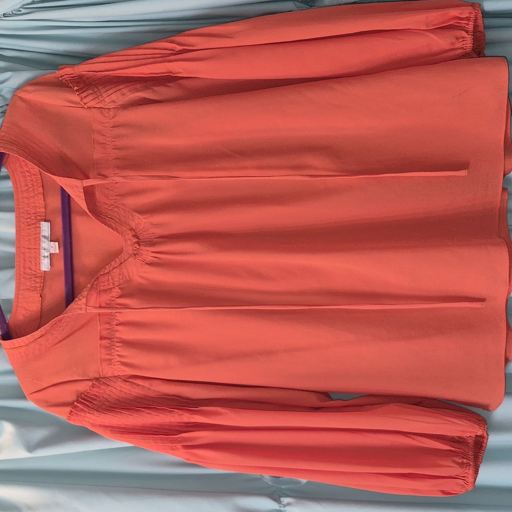 Romeo & Juliet Couture Orange Puff Pleated Sleeve U Neck Tie Tunic Blouse Sz M